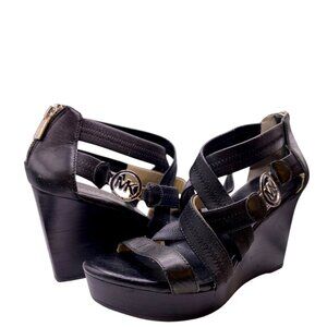 MICHAEL KORS Black Back Zip Strappy Gold Logo Sandal WEDGES